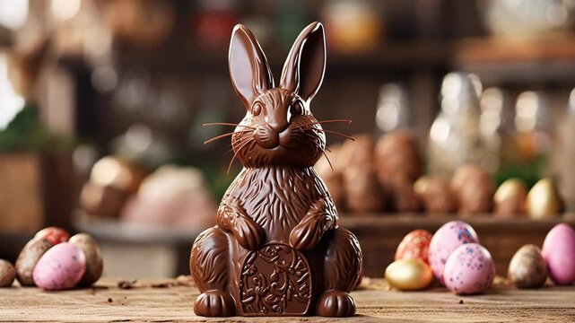 Chocolate Easter bunny and eggs. Selective focus. Holiday.
