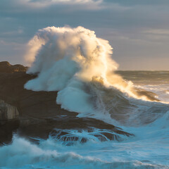 Powerful ocean wave crashing against rocky shore at sunset