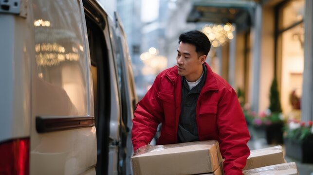 Asian Courier Unloading Cardboard Boxes from Delivery Van on Busy City Street