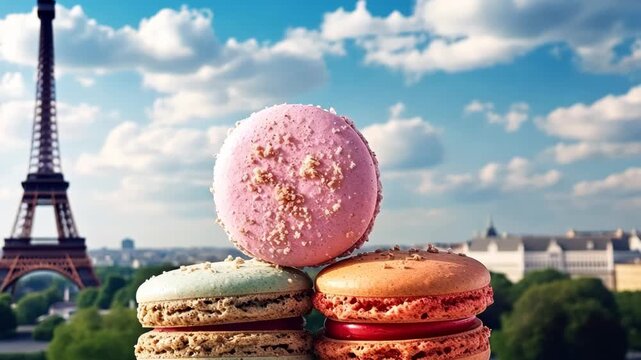 A cup of coffee and macaroons on the background of the Eiffel Tower. Selective focus. Food.