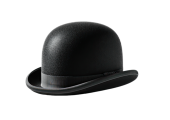 Black bowler hat, slightly angled, smooth texture