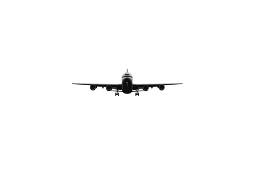 Silhouette of a commercial airplane flying at night isolated on transparent background