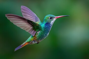 Obraz premium Colorful hummingbird hovering in green forest habitat, displaying intricate feathers and vibrant colors against lush foliage background during daylight hours