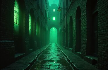 Fototapeta premium Dark, mysterious alley illuminated by eerie green light. Cobblestone street reflects glowing windows and streetlights. Old brick buildings create a suspenseful, shadowy atmosphere.