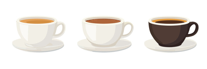Three cups of coffee with different shades in white and brown ceramic cups on white background flat minimalist vector illustration for breakfast or coffee break concept