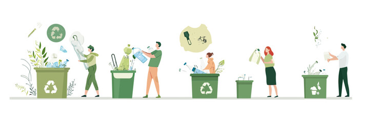 People recycling plastic bottles and trash in green bins with recycling symbols promoting environmental protection and waste management