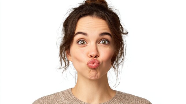 photo of funny woman makes grimace pouts lips and crosses eyes has childish expression acts like fool dressed casually isolated over white background tries to amuse someone no logos no brands ar 169