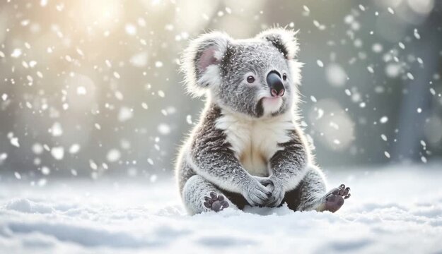 Adorable baby koala sitting in fresh white snow, falling snowflakes, winter wonderland scene, fluffy gray fur with white chest
