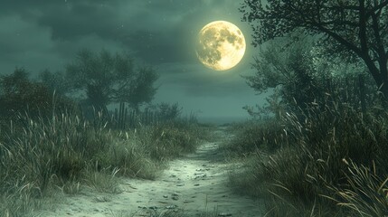 Naklejka premium Moonlit path through grassy field at night; mystical background