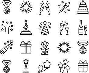 Celebration and party icons in line style, including champagne, fireworks, gifts, trophies, medals, perfect for festive, event designs