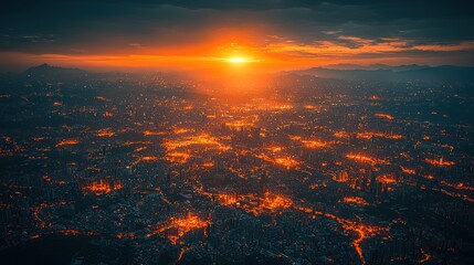 Cityscape sunset aerial view, urban sprawl at dusk, mountains background; website banner