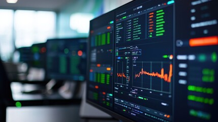 Innovative financial technology displayed on multiple screens, showcasing data analytics and market trends in modern office environment