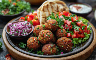 Falafel shows texture and colorful garnish. It is ideal for cookbook images, restaurant menus, or food blogs.