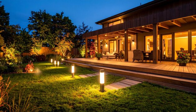 Illuminated Backyard Oasis: Modern Home with Glowing Garden Path and Deck at Twilight.