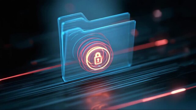 Digital folder with padlock symbol glowing in blue and red light, representing office workflow and file transfer, information security concept