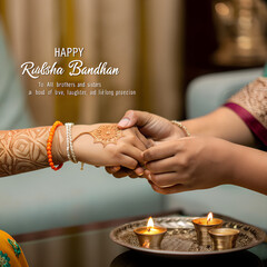 Obraz premium Heartwarming Raksha Bandhan (Rakhi) celebration showcasing an Indian sister tying a beautiful rakhi on her brother’s wrist, symbolizing love and protection. The scene includes joyful expressions, vib