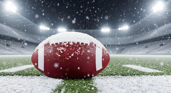 A snow-covered American football rests on a wintry field in a stadium.