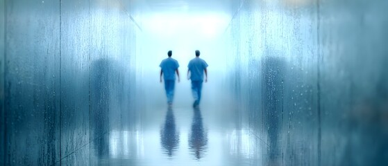 Medical Professionals Walking Towards Bright Future in a Serene, Reflective Hospital Corridor with Textured Wet Walls