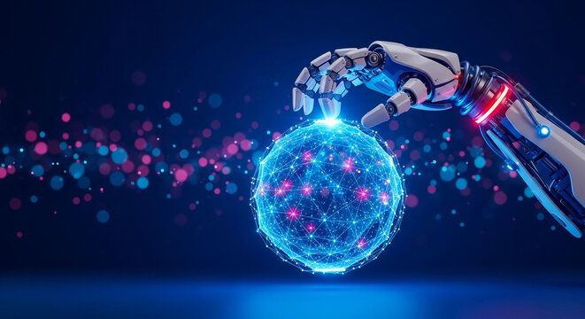 Artificial intelligence robot hand holding glowing digital sphere network data technology futuristic science innovation - Powered by Adobe