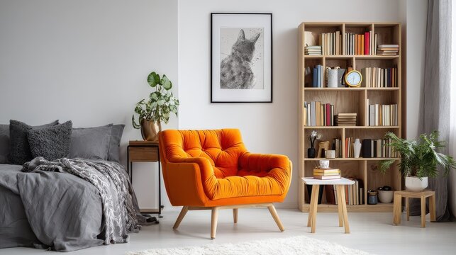 orange armchair next to grey bed in bedroom interior with poster on white wall above bookshelf no logos no brands ar 169 - Powered by Adobe