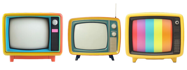 Retro television set lineup evokes nostalgia with vibrant colors and vintage design elements for a fun throwback
