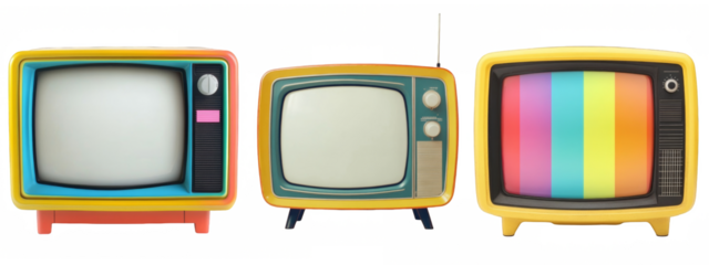 Retro television set lineup evokes nostalgia with vibrant colors and vintage design elements for a fun throwback