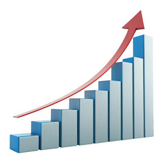 3d bar chart with upward trending red arrow showing growth and success isolated on transparent background