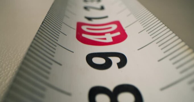 Tape measure close-up. The measuring tape macro, camera moves up, shooting with slider.