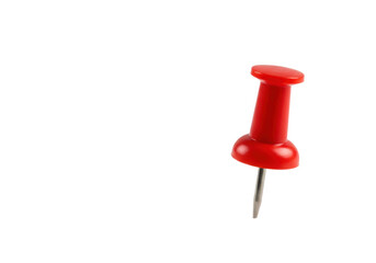 Vibrant red plastic and metal pushpin standing upright, isolated on a transparent background with copy space, excellent sharpness and detail, concept of focus and importance