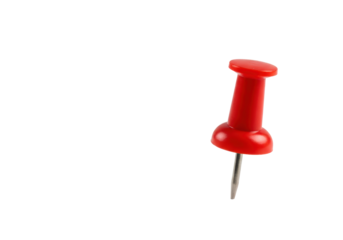 Vibrant red plastic and metal pushpin standing upright, isolated on a transparent background with copy space, excellent sharpness and detail, concept of focus and importance