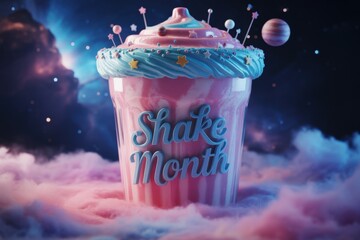 Surreal milkshake floating in outer space, planets and stars, “Shake Month” cosmic theme