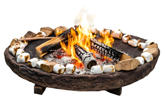 Campfire with marshmallows roasting isolated on transparent background
