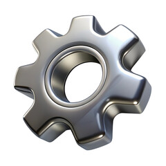 Shiny metallic gear with a central hole against a transparent background	