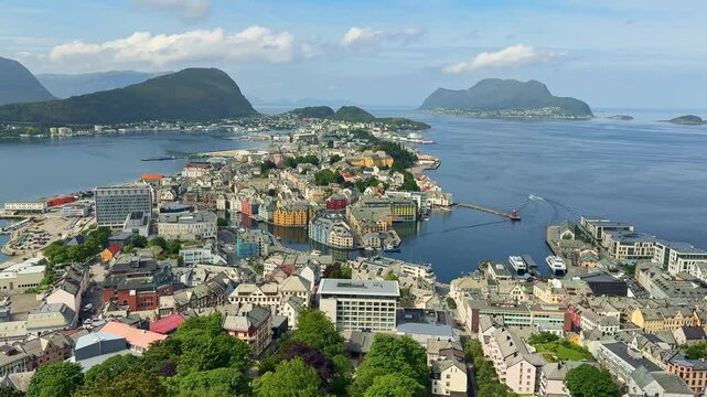 Skyline cityscape of &Aring;lesund, Norway, featuring colorful buildings, calm waters, and surrounding islands.
