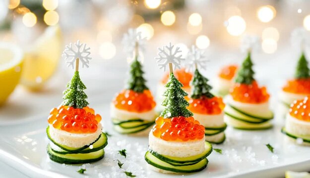 Elegant holiday appetizers on white plate, small round bread canapes topped with red caviar, decorated with spiral cucumber ribbons shaped like Christmas trees