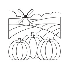 Autumn landscape with pumpkins and windmill outline illustration fall