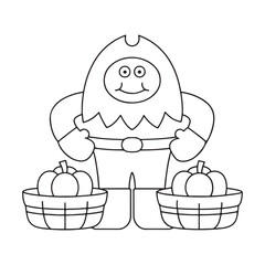 Cartoon outline of a friendly monster character standing with two baskets of pumpkins on a white background