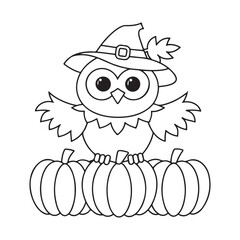 Cute cartoon owl wearing a witch hat sitting on pumpkins line art illustration bird animal