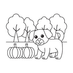 Cute cartoon puppy dog standing in front of stylized trees and pumpkins line art illustration canine