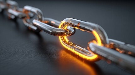Obraz premium Close-up shot of a shiny metal chain with a glowing orange link