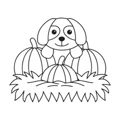 Cute cartoon puppy sitting behind pumpkins on hay illustration autumn fall