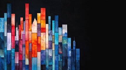 Vibrant abstract city skyline with colorful vertical bars representing buildings, creating dynamic urban atmosphere