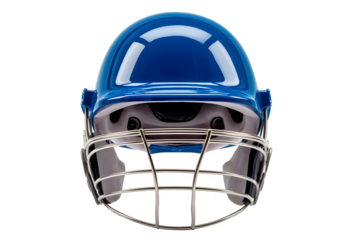 Blue cricket helmet with protective face cage isolated on transparent background