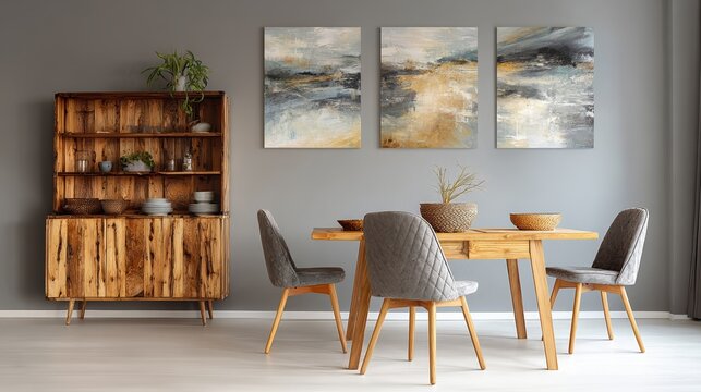 vintage grey dining room with abstract paintings and wooden cupboard no logos no brands ar 169