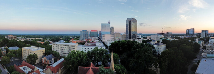 Panorama of the Raleigh North Carolina skyline at sunset