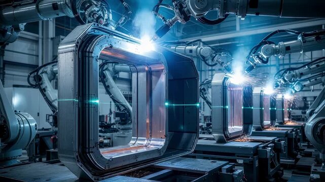 Fabrication area featuring robotic arms shaping metallic enclosures for SQUID magnetometer shield rooms emphasizing automation and technological innovation.