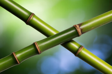 Fototapeta premium A close-up macro photograph of two bright green bamboo stalks crossing diagonally across the frame.