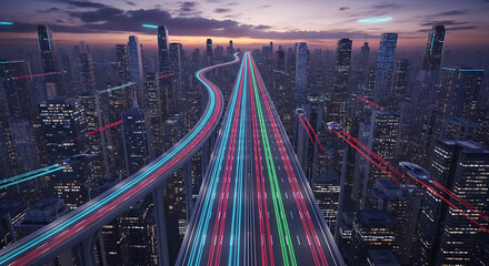  A sprawling futuristic metropolis at dusk with advanced infrastructure  including a multi-level highway with colorful light trails and flying autonomous vehicles weaving between skyscrapers.