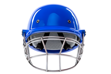 Blue cricket helmet with metal face guard isolated on transparent background