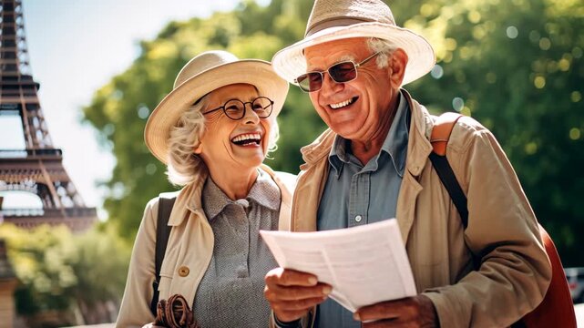 An old man and woman look at a map with the Eiffel Tower in the background. Selective focus. Travel.